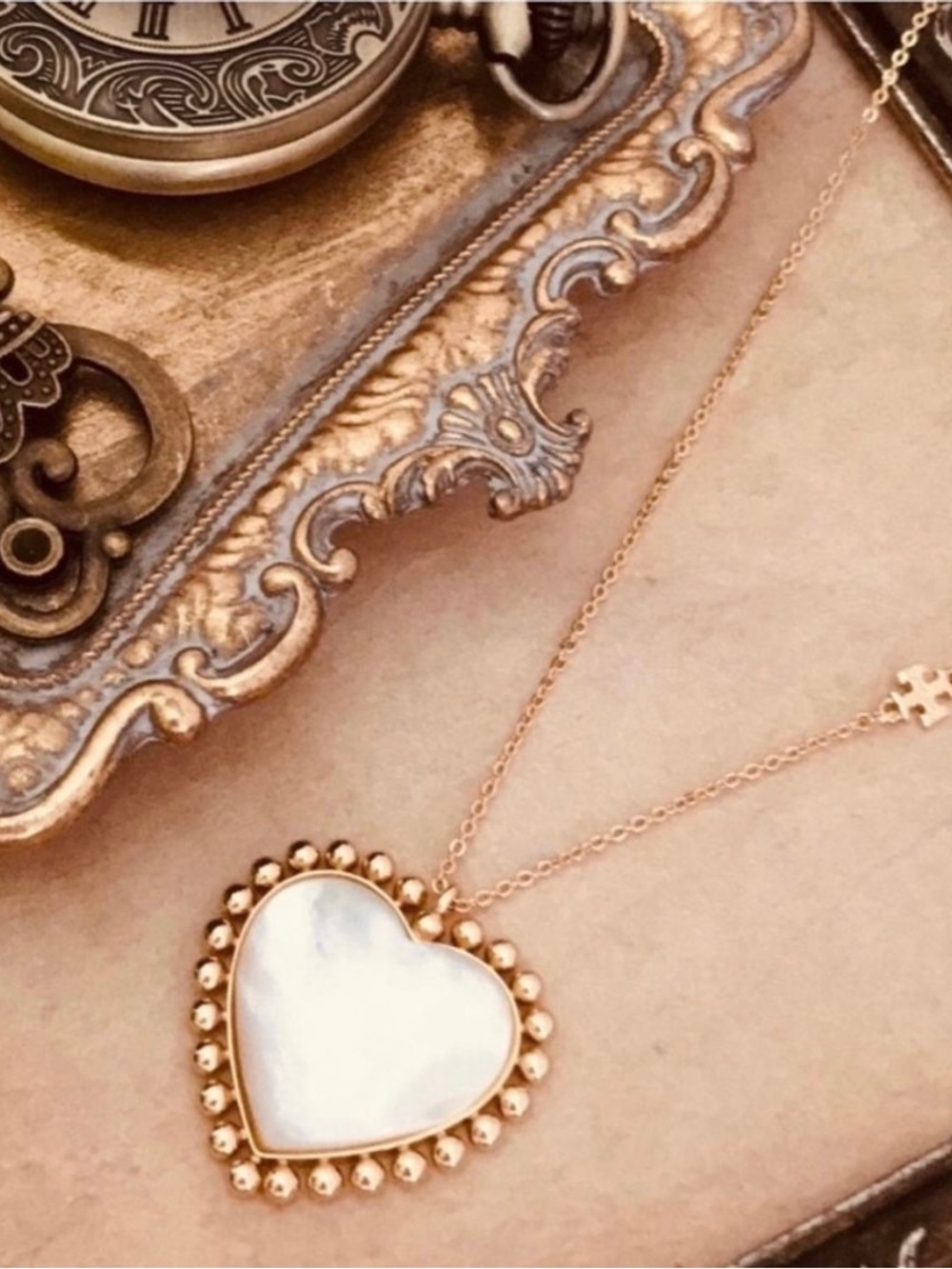 Tory Burch Gold Heart Pendant Necklace with Mother-of-Pearl